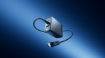 DJI Power 140W GaN Charger with illuminated logo and connected USB-C digital display cable
