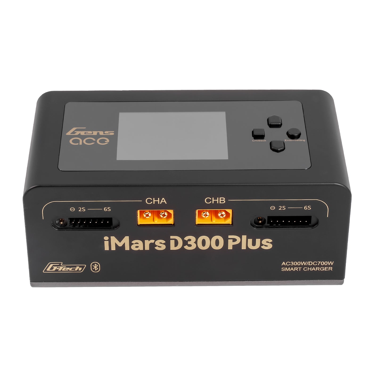 Gens Ace iMars D300 Plus black smart charger front view on white background